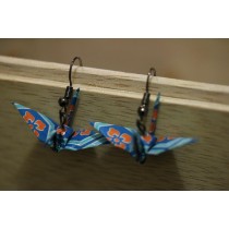 Ohrringe "ORIZURU" Blau mit Blumen - Origami Kranich